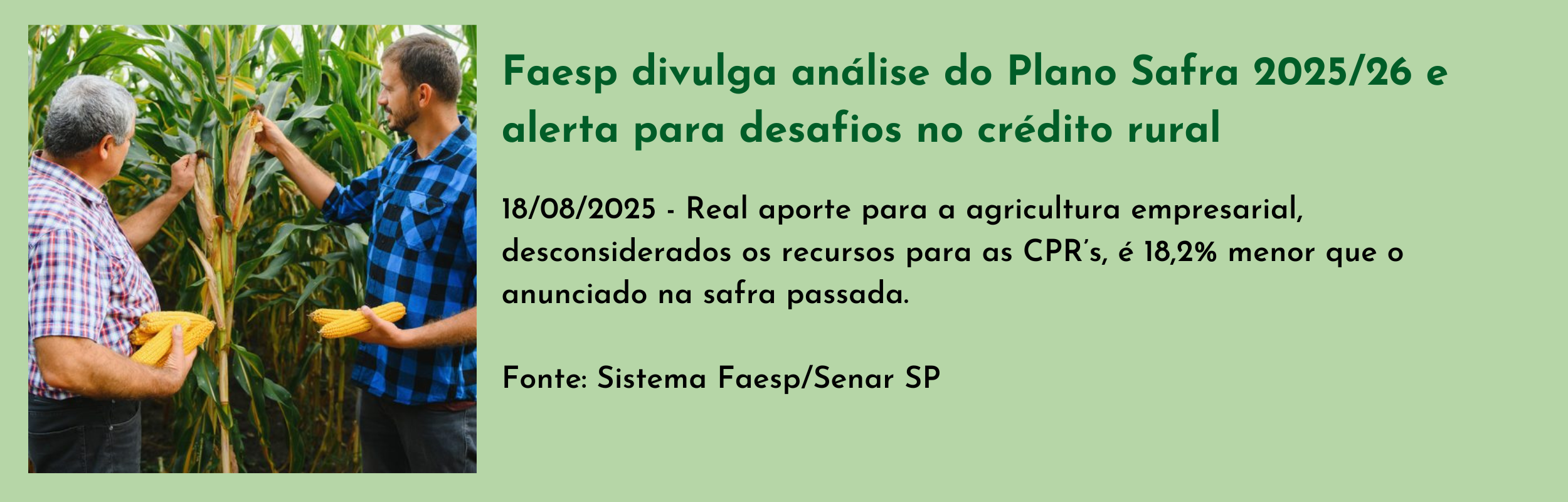 Faesp divulga análise do Plano Safra 202526 e alerta para desafios no crédito rural.png